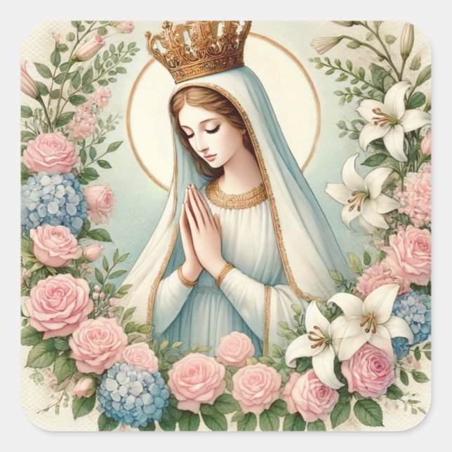 Adesivo Quadrado Virgem Religiosa Mary Fatima Rosas Rosa (Frente)
