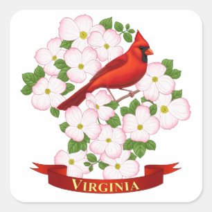 Adesivo Quadrado Virginia State Cardinal Bird e Dogwood Flower