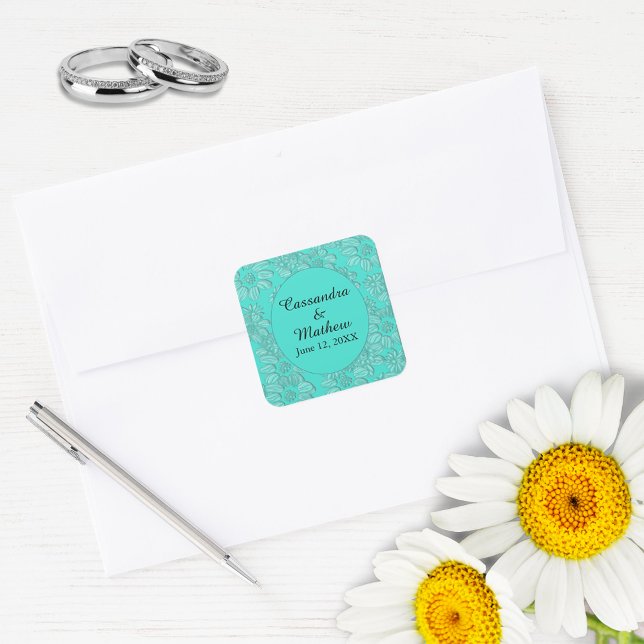 Adesivo Quadrado Visitas Elegantes no Casamento Floral Turquesa (Elegant Daisies in Floral Turquoise Wedding Square Sticker)