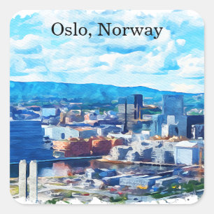 Adesivo Quadrado Vista panorâmica de pintura em aquarela de Oslo No