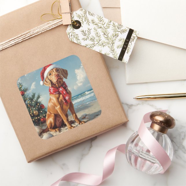 Adesivo Quadrado Vizsla Dog Christmas Vintage Beach (Presentear)