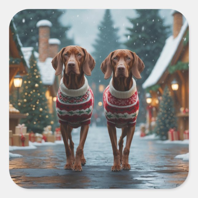 Adesivo Quadrado Vizsla Dogs Christmas Snow Holiday (Frente)