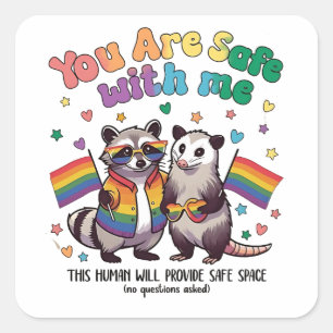 Adesivo Quadrado Você Está Seguro Comigo, Animal LGBT Raccoon