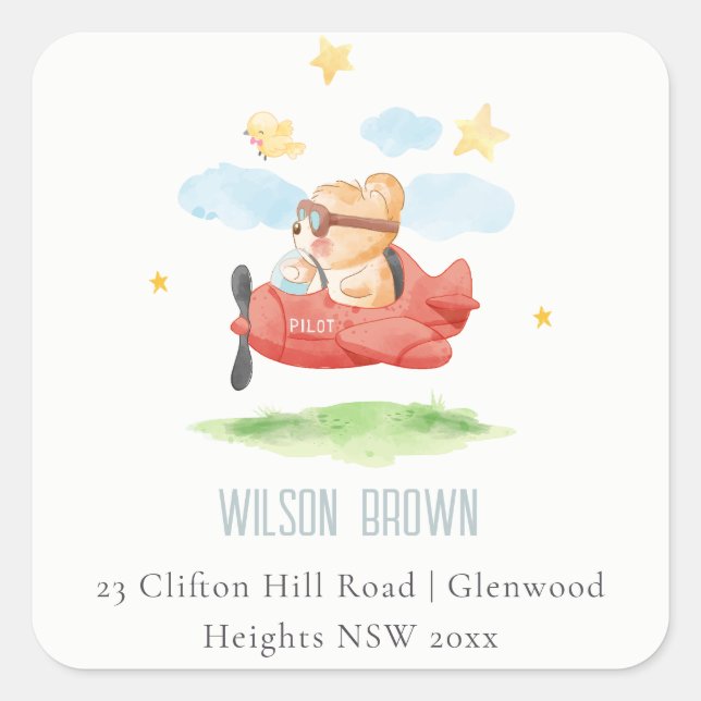 Adesivo Quadrado Voo Bonito Sobre O Urso De Teddy Endereço Do Avião (Frente)