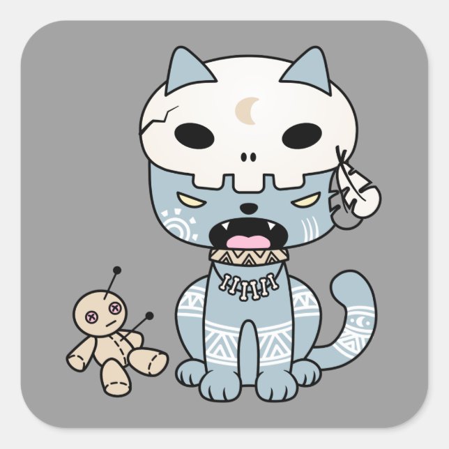 Adesivo Quadrado Voodoo Cat na Cinza (Frente)