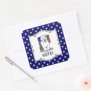 Adesivo Quadrado Votem! Velha Cinza Inglesa Sheepdog 1 Política Cus