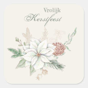 Adesivo Quadrado Vrolijk kerstfeest White Poinsettia e Pine Cone
