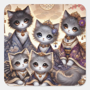 Adesivo Quadrado Wa-lolita Família Real de Gatos Japoneses