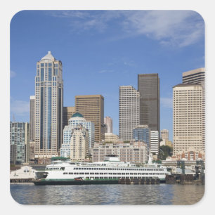 Adesivo Quadrado WA, Seattle, Seattle Skyline com barco de ferry