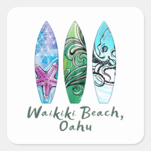 Adesivo Quadrado Waikiki Beach Oahu Watercolor Surfboards
