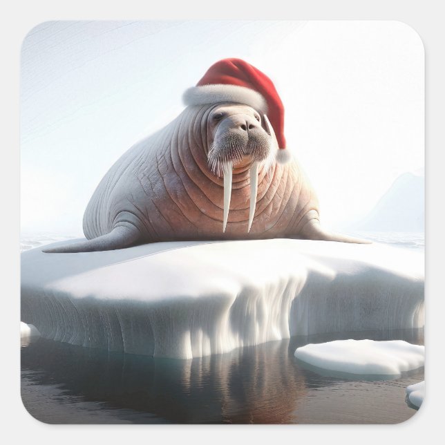 Adesivo Quadrado Walrus de Natal Vestindo um Chapéu Santa (Frente)