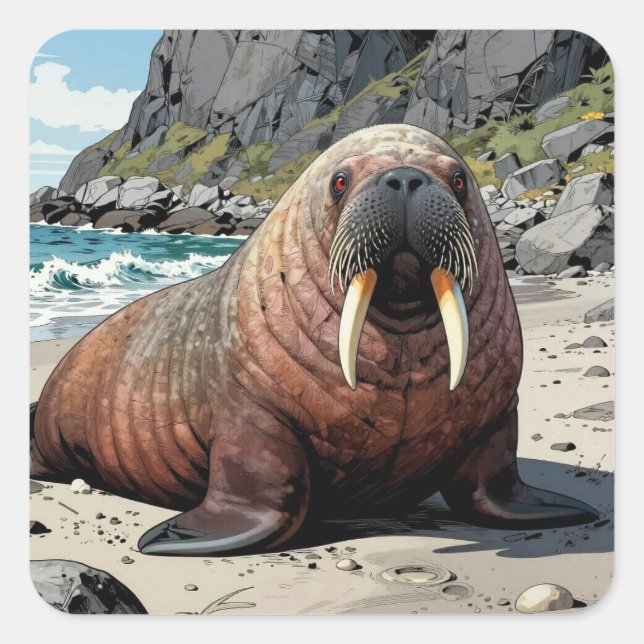 Adesivo Quadrado Walrus on a Sandy Beach  | Cute Animals (Frente)