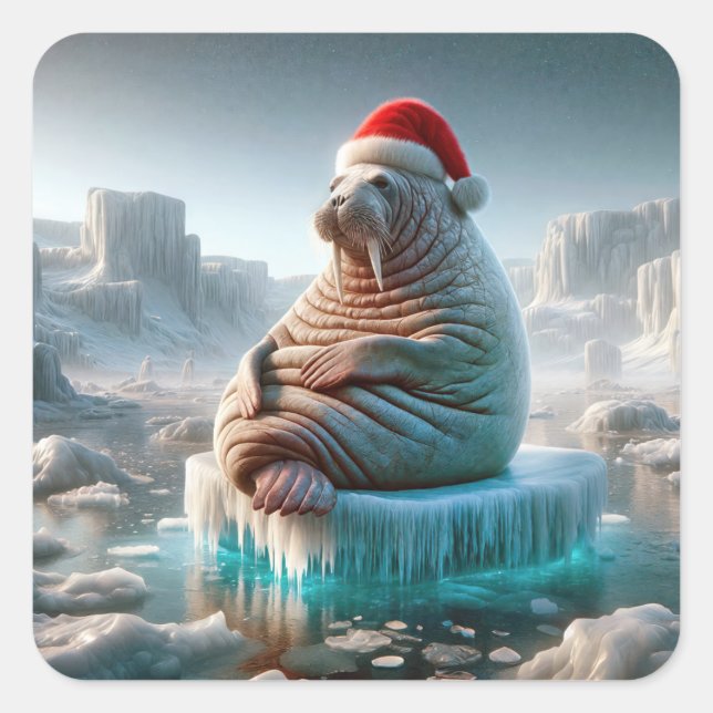 Adesivo Quadrado Walrus Vestindo um Papai Noel (Frente)