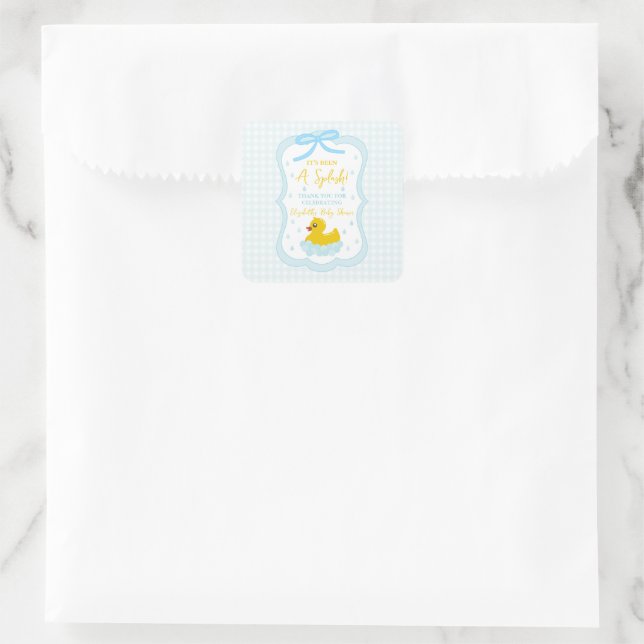 Adesivo Quadrado Water Droplets Gingham Boy Baby Shower Thank You (Bolsa)