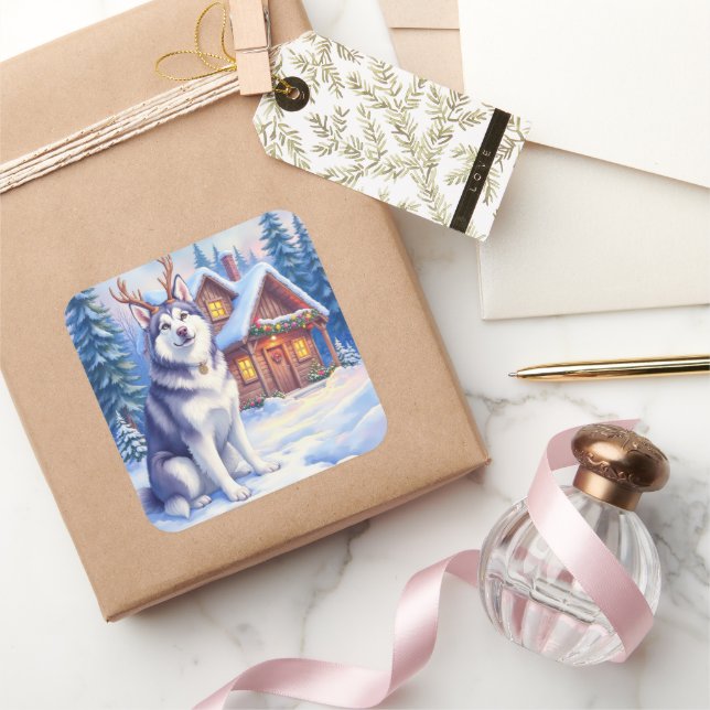 Adesivo Quadrado Watercolor Alaskan Malamute Reindeer Christmas (Presentear)