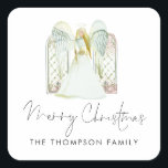 Adesivo Quadrado Watercolor Angel Merry Christmas Script<br><div class="desc">Watercolor Angel Merry Christmas Script. Uma bela cena do Anjo e das Janelas,  e Feliz Natal em um elegante roteiro de estilo de escrita manual,  personalize facilmente seu nome.</div>