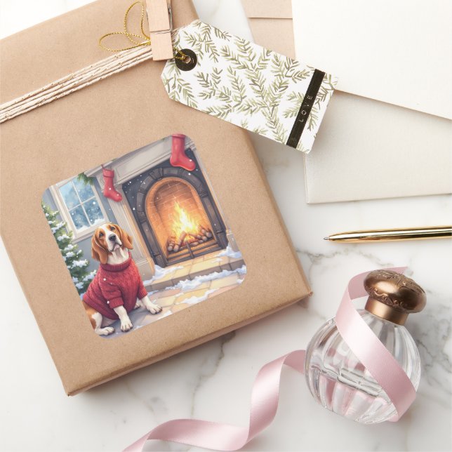 Adesivo Quadrado Watercolor Basset Hound Cozy Fireplace Christmas (Presentear)