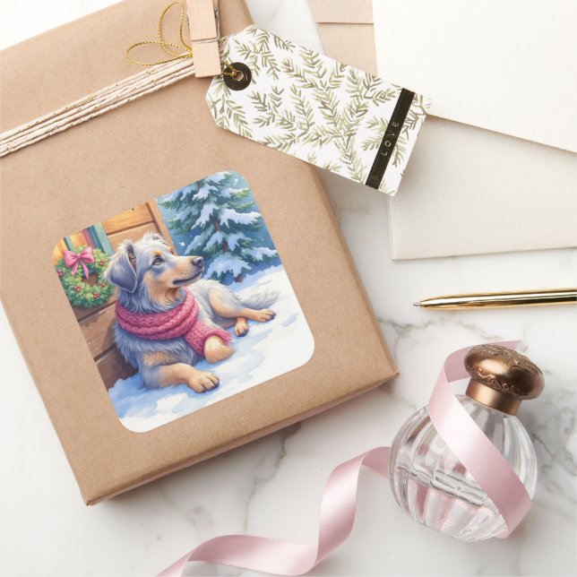 Adesivo Quadrado Watercolor Bergamasco Shepherd Cabin Christmas (Presentear)