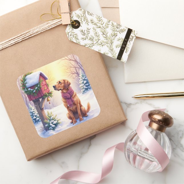 Adesivo Quadrado Watercolor Bloodhound Country Mailbox Christmas (Presentear)