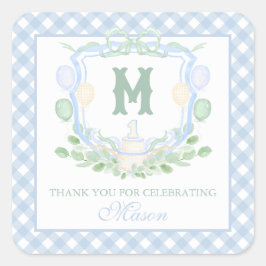 Adesivo Quadrado Watercolor Blue 1st Birthday Monogram Crest Gift