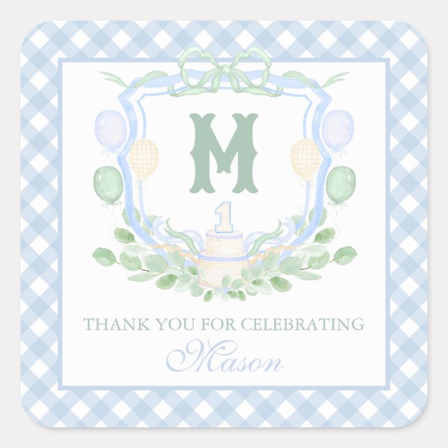 Adesivo Quadrado Watercolor Blue 1st Birthday Monogram Crest Gift (Frente)