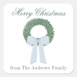 Adesivo Quadrado Watercolor Blue Gingham Sash Wreath