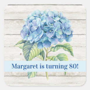 Adesivo Quadrado Watercolor Blue Hydrangea 80 Birthday