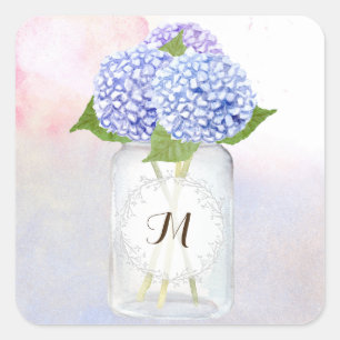 Adesivo Quadrado Watercolor Blue Hydrangeas e Casamento Mason Jar