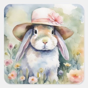 Adesivo Quadrado Watercolor Bunny Vestindo um Novo Chapéu