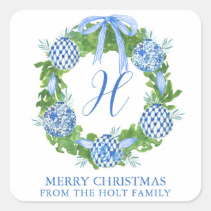 Adesivo Quadrado Watercolor Chinoiserie Wreath Christmas