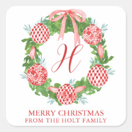 Adesivo Quadrado Watercolor Chinoiserie Wreath Christmas