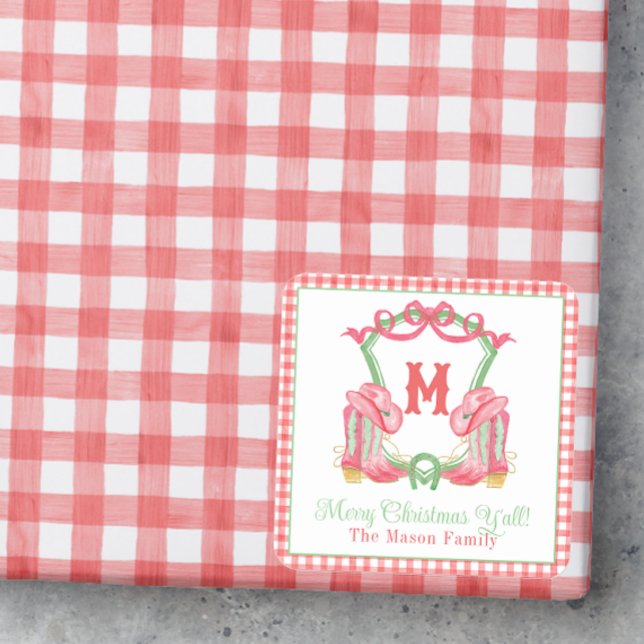 Adesivo Quadrado Watercolor Christmas Boots Monogramas Crest Foto (Criador carregado)
