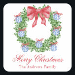 Adesivo Quadrado Watercolor Christmas Chinoiserie Ornaath Wreath<br><div class="desc">PreppyPrint.com - Celebre o Natal em estilo! Adicione seu toque personalizado. Transfira este design para os produtos de sua escolha também! Visite minha loja de designers,  PreppyPrint.com,  para coordenar itens.</div>
