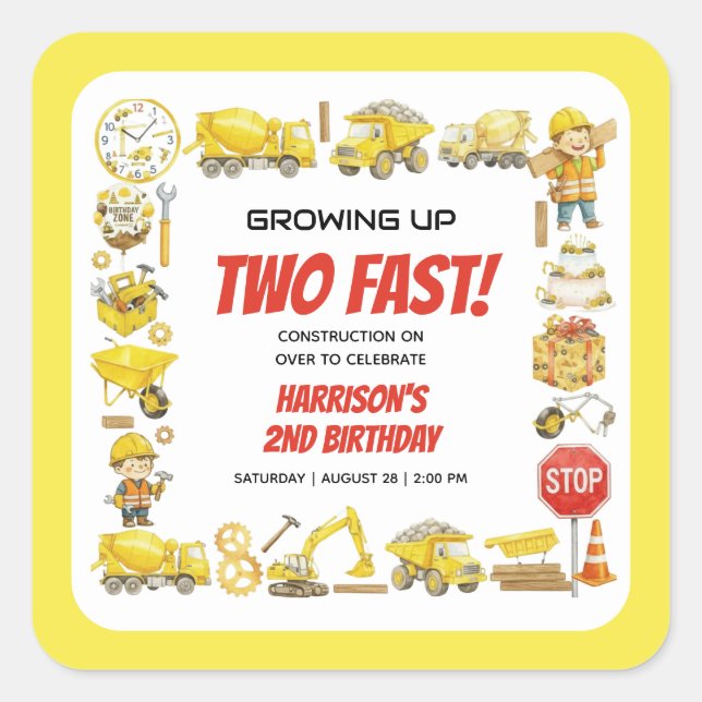 Adesivo Quadrado Watercolor Construction 2nd Birthday Party  (Frente)