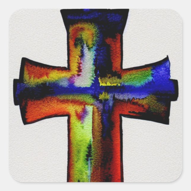 Adesivo Quadrado Watercolor Cross of Many Colors Sticker (Frente)