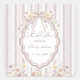 Adesivo Quadrado Watercolor Elegant Pastel wildflower bow lace  Bab