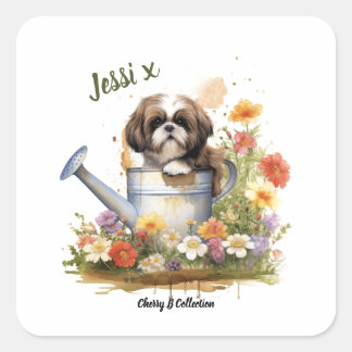 Adesivo Quadrado Watercolor Floral Shih Tzu, pode ser personalizado