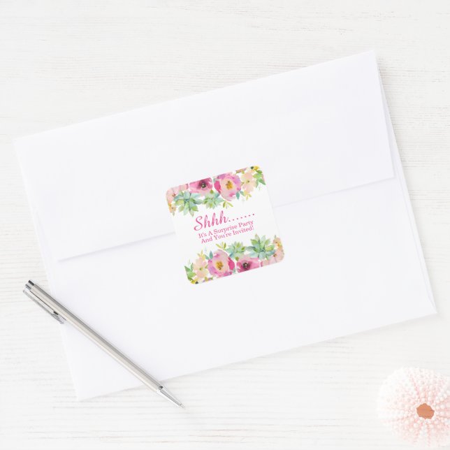 Adesivo Quadrado Watercolor Floral Surprise Party (Envelope)
