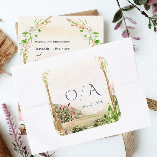 Adesivo Quadrado Watercolor Garden Arch Monogram Wedding (Watercolor Garden Arch Monogram Wedding Envelope Seal Sticker Botanical Floral Seal)