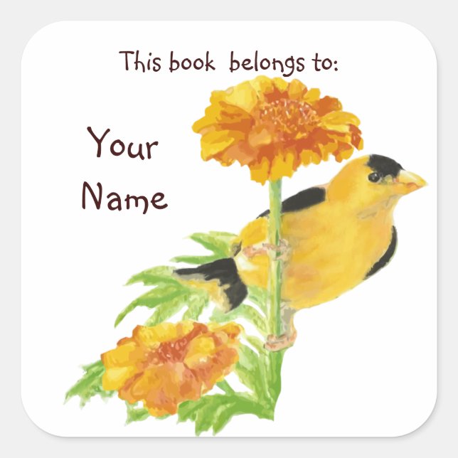 Adesivo Quadrado Watercolor Goldfinch Bird Marigold Bookplate (Frente)