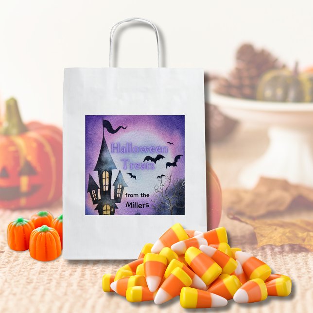 Adesivo Quadrado Watercolor Haunted House Halloween Treat Bag (Sticker for Halloween treat bags)