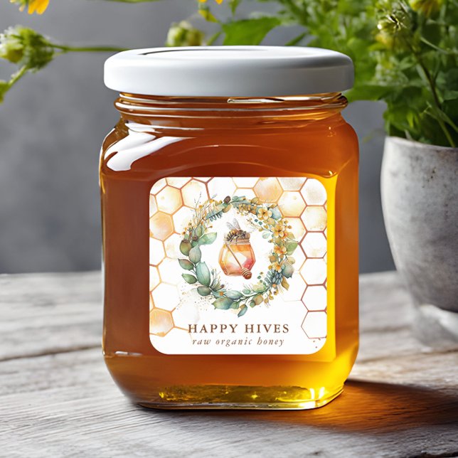 Adesivo Quadrado Watercolor Honeycomb & Honey Jar Bekeeper (Criador carregado)