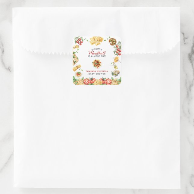 Adesivo Quadrado Watercolor Italian Food Meatball Baby Shower  (Bolsa)