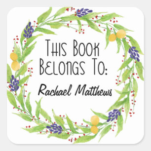 Adesivo Quadrado Watercolor Lemon Berry Wreath Bookplate