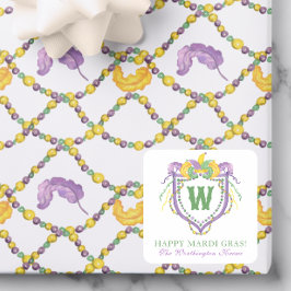 Adesivo Quadrado Watercolor Mardi Gras Monogram Crest