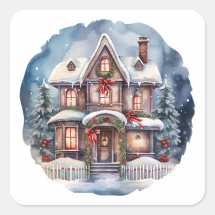 Adesivo Quadrado Watercolor Merry Christmas Cozy House