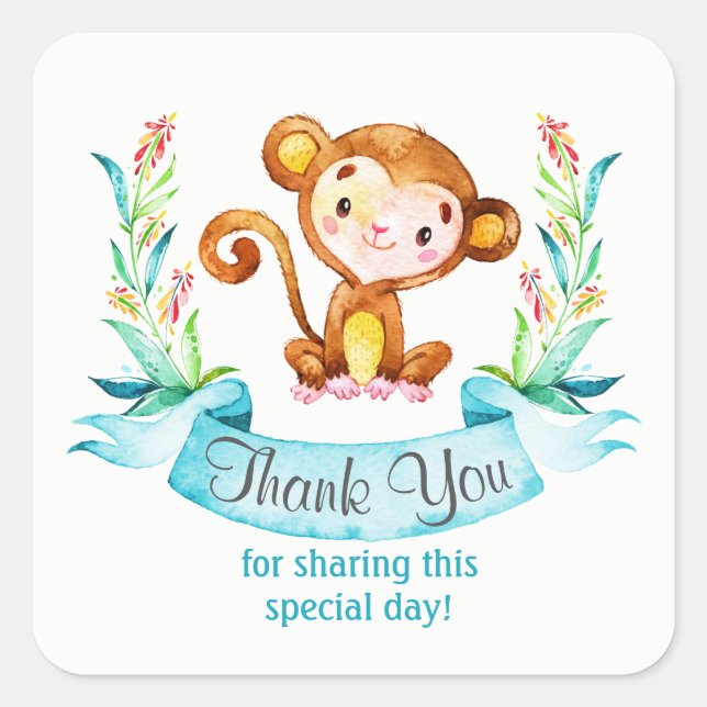Adesivo Quadrado Watercolor Monkey Boy Obrigado (Frente)