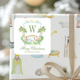 Adesivo Quadrado Watercolor Nativity Monogram Crest Christmas