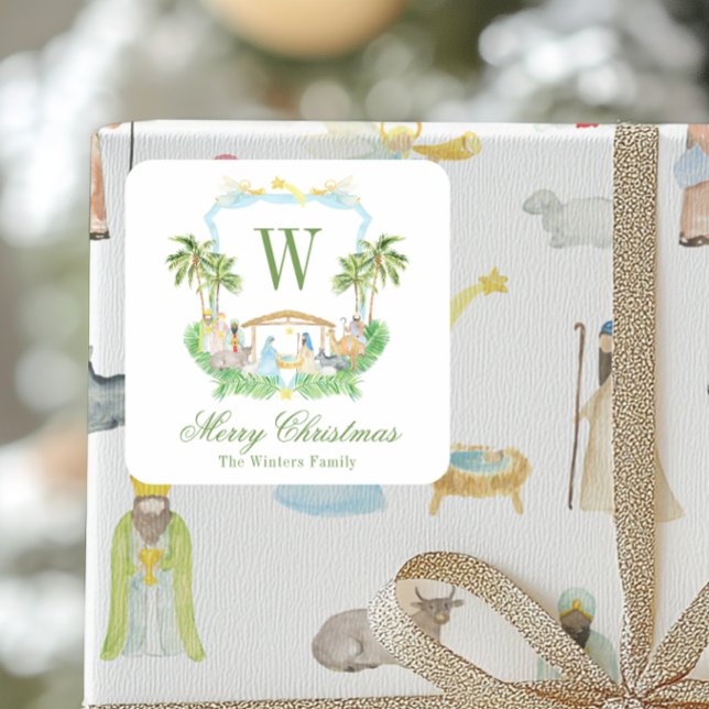 Adesivo Quadrado Watercolor Nativity Monogram Crest Christmas (Criador carregado)