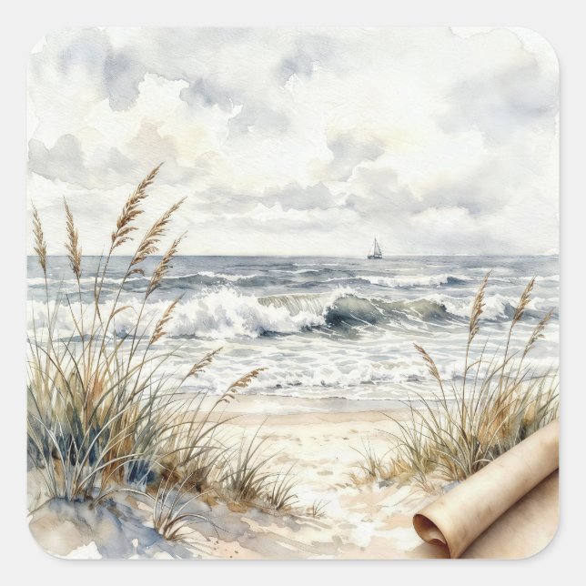 Adesivo Quadrado Watercolor Ocean Beach with Curled Paper (Frente)